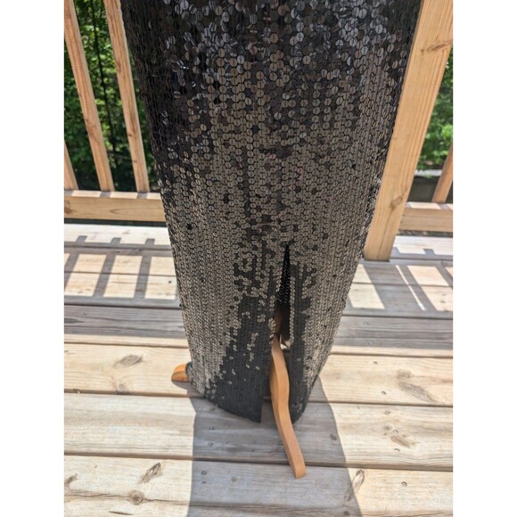 Vintage Sequined Evening Gown High Neckline Sleeveless Beaded Small 6 Black Slit - Picture 6 of 8